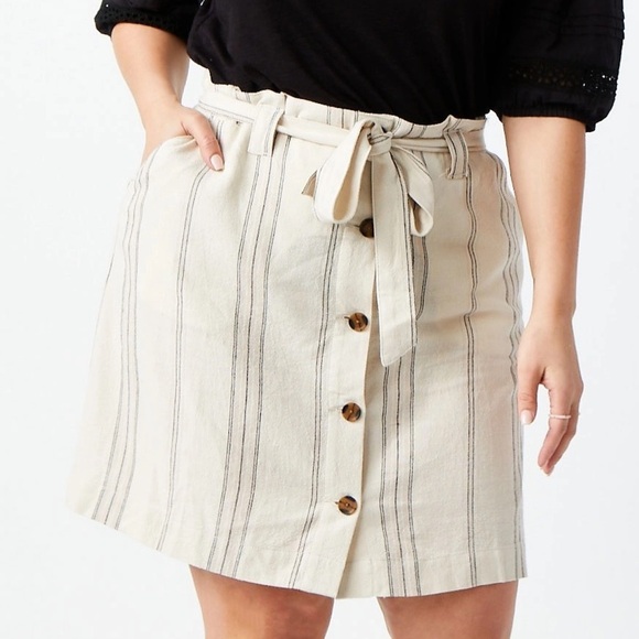 Maurices Wmn 22W Ivory Striped Linen Blend Pockets Belted Utility Mini Skirt NWT - Picture 1 of 10